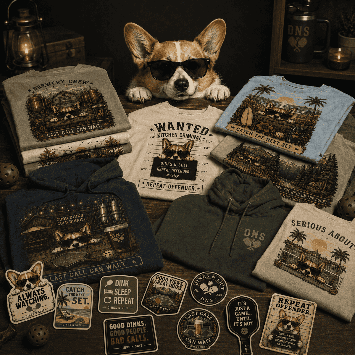 Salty the corgi peeking over a pile of Salty Corgi Co. gear